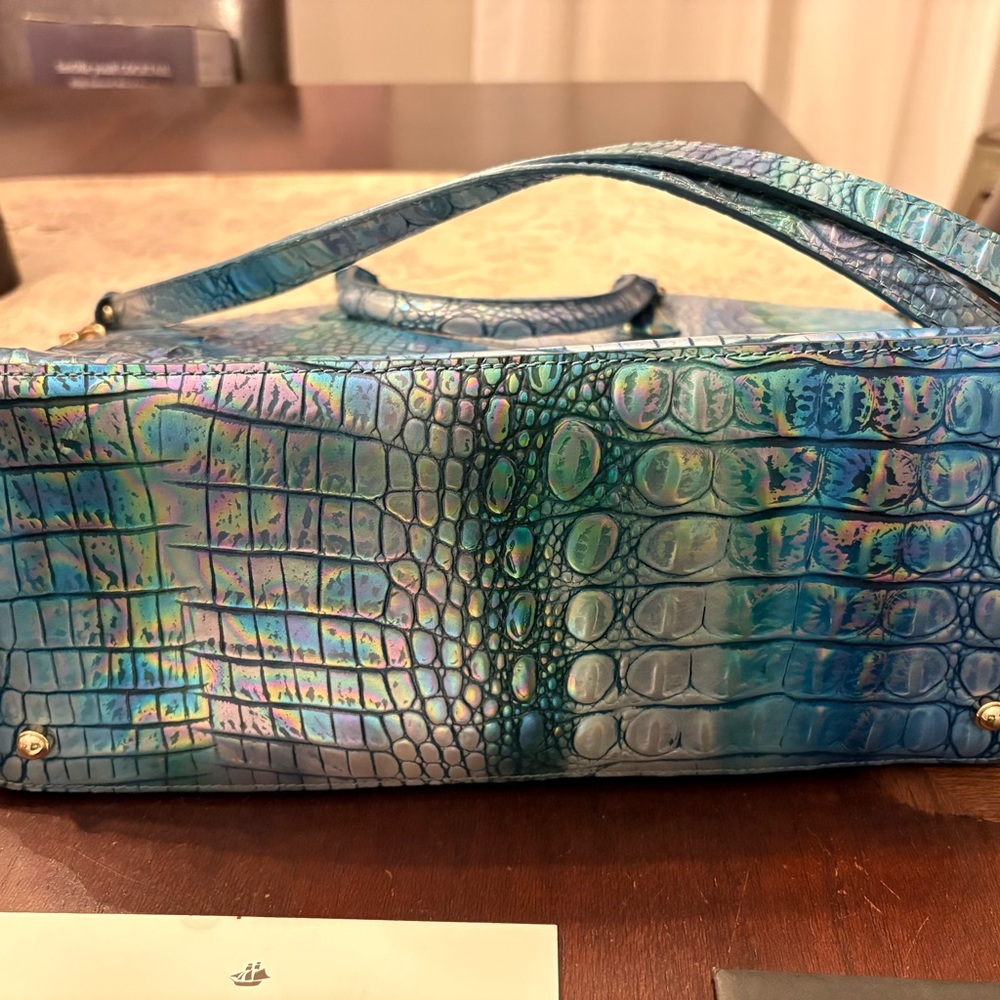 Brahmin Iridescent Teal Blue Croc-Embossed Satchel - Picture 3 of 11